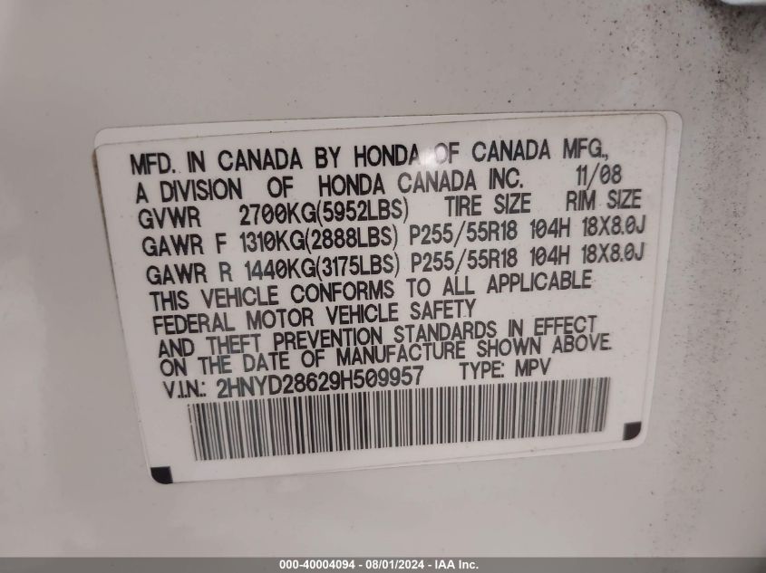 2009 Acura Mdx Technology Package VIN: 2HNYD28629H509957 Lot: 40004094