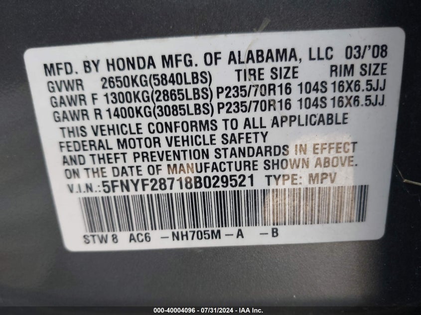 2008 Honda Pilot Ex-L VIN: 5FNYF28718B029521 Lot: 40004096