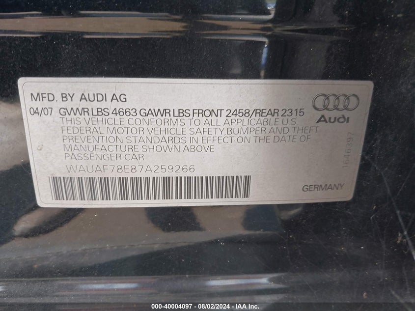 2007 Audi A4 2.0T VIN: WAUAF78E87A259266 Lot: 40004097
