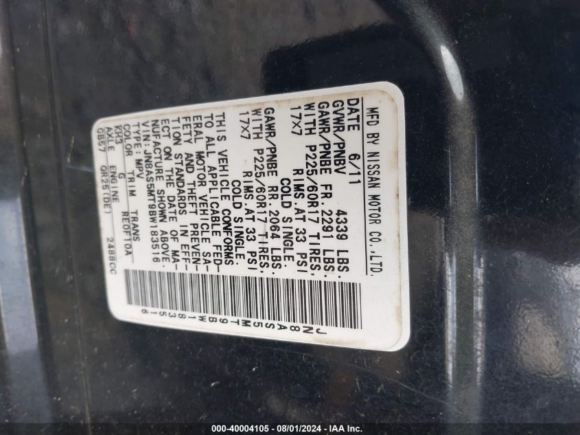 2011 Nissan Rogue Sv VIN: JN8AS5MT9BW183516 Lot: 40004105