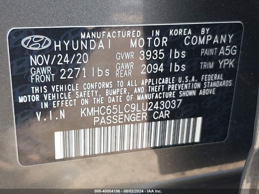 2020 Hyundai Ioniq Hybrid Blue VIN: KMHC65LC9LU243037 Lot: 40004106