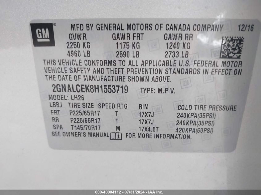 VIN 2GNALCEK8H1553719 2017 CHEVROLET EQUINOX LT