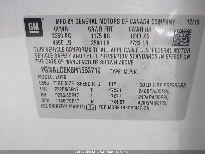 2017 Chevrolet Equinox Lt VIN: 2GNALCEK8H1553719 Lot: 40004112