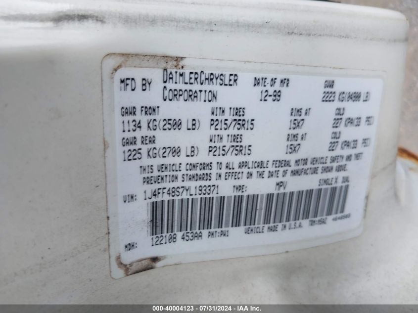 2000 Jeep Cherokee Sport VIN: 1J4FF48S7YL193371 Lot: 40004123