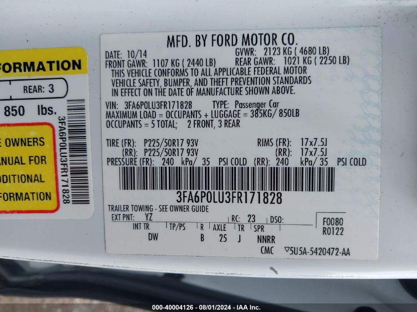 2015 Ford Fusion Hybrid Se VIN: 3FA6P0LU3FR171828 Lot: 40004126