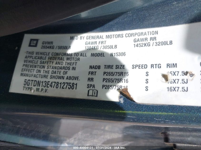 2007 Hummer H3 VIN: 5GTDN13E478127581 Lot: 40004131