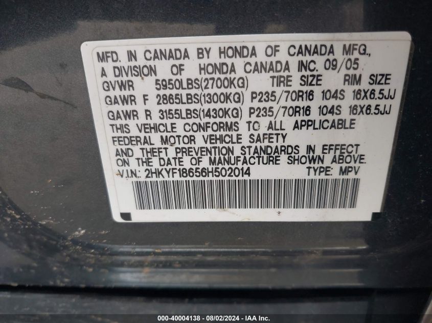 2006 Honda Pilot Ex-L VIN: 2HKYF18656H502014 Lot: 40004138