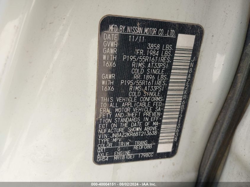 2011 Nissan Cube 1.8Sl VIN: JN8AZ2KR6BT213638 Lot: 40004151