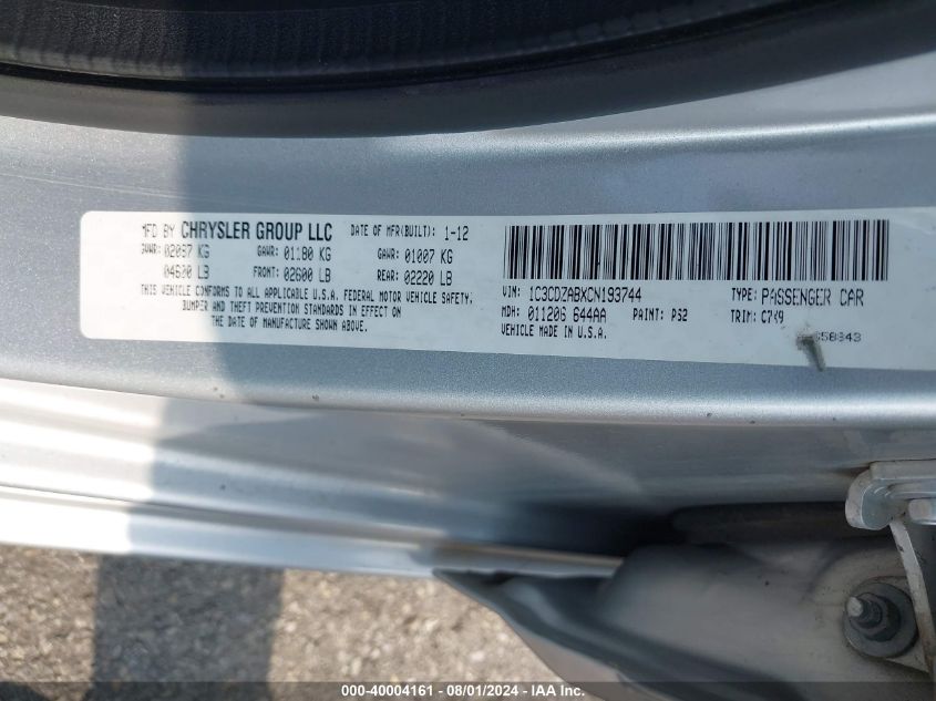 2012 Dodge Avenger Se VIN: 1C3CDZABXCN193744 Lot: 40004161