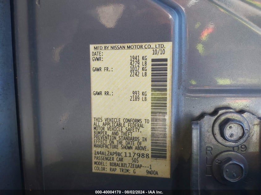 2011 Nissan Altima 2.5 S VIN: 1N4AL2AP9BC117988 Lot: 40004170