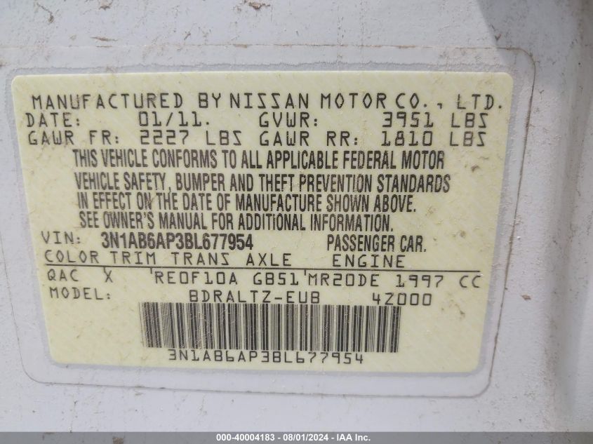 2011 Nissan Sentra 2.0Sr VIN: 3N1AB6AP3BL677954 Lot: 40004183