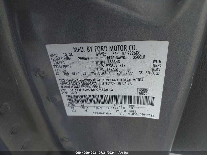 2009 Ford F-150 Stx/Xl/Xlt VIN: 1FTRF12W69KA83643 Lot: 40004203