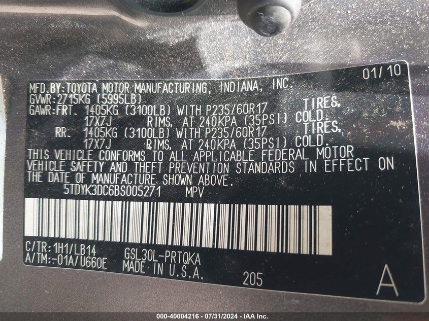 2011 Toyota Sienna Xle V6 VIN: 5TDYK3DC6BS005271 Lot: 40004216