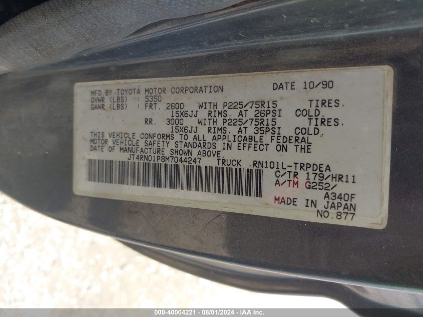 1991 Toyota Pickup 1/2 Ton Sht Wheelbase Dlx VIN: JT4RN01P8M7044247 Lot: 40004221