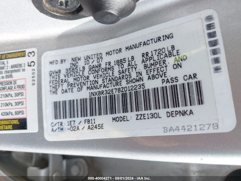 2008 Toyota Corolla Le VIN: 1NXBR32E78Z012235 Lot: 40004271