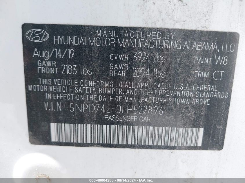 5NPD74LF0LH522896 2020 Hyundai Elantra Se