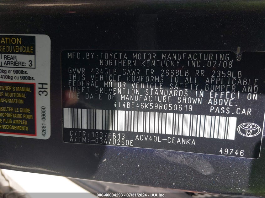 2009 Toyota Camry Se/Le/Xle VIN: 4T4BE46K59R050619 Lot: 40004293