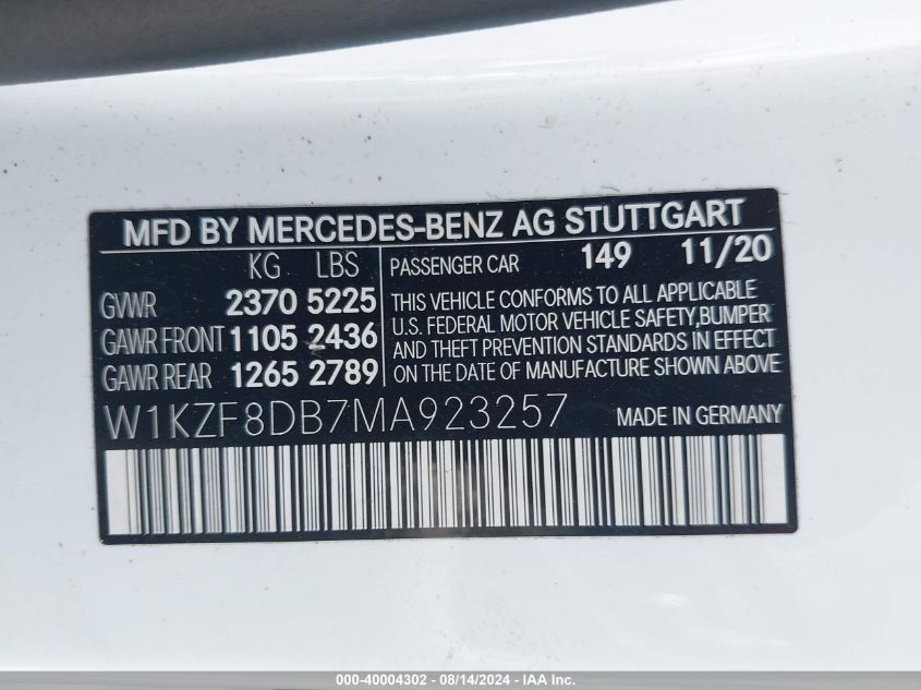 W1KZF8DB7MA923257 2021 Mercedes-Benz E 350