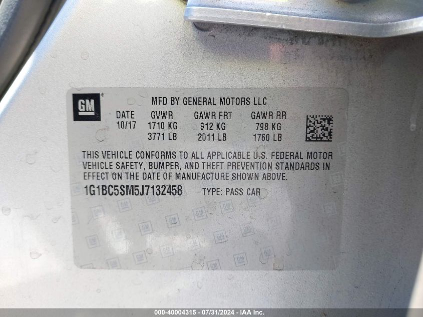 2018 Chevrolet Cruze Ls Auto VIN: 1G1BC5SM5J7132458 Lot: 40004315