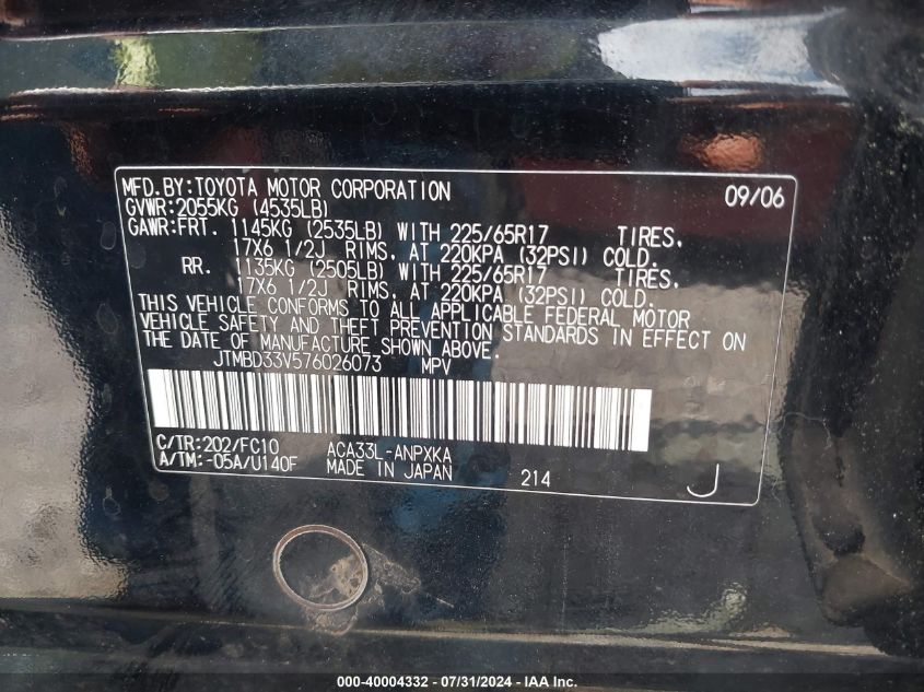 2007 Toyota Rav4 VIN: JTMBD33V576026073 Lot: 40004332