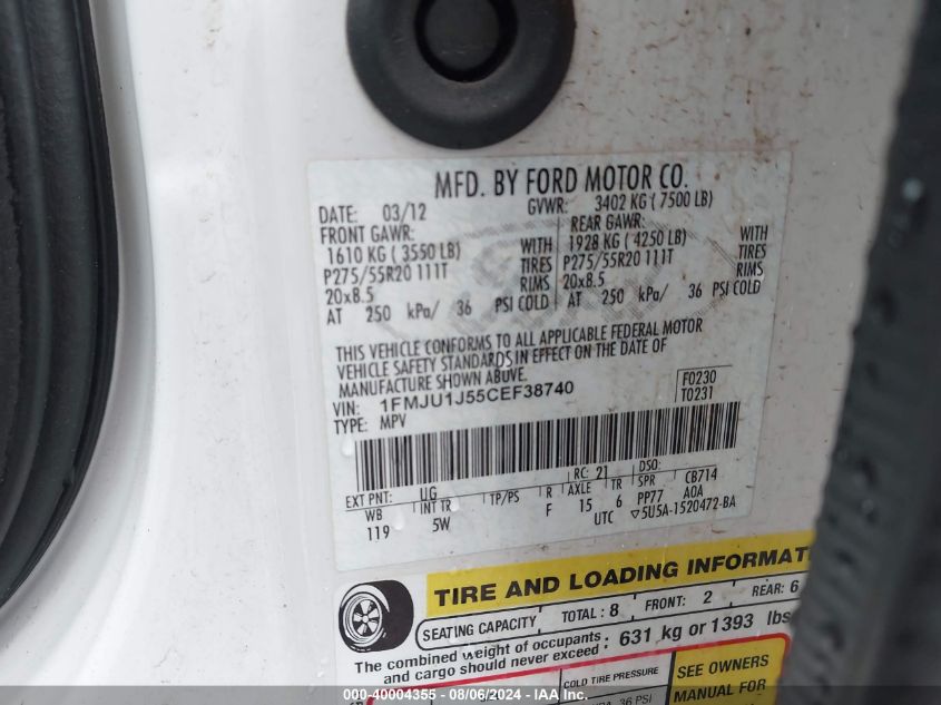 2012 Ford Expedition King Ranch VIN: 1FMJU1J55CEF38740 Lot: 40004355