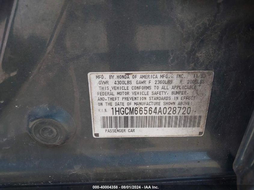 2004 Honda Accord Ex VIN: 1HGCM66564A028720 Lot: 40004358