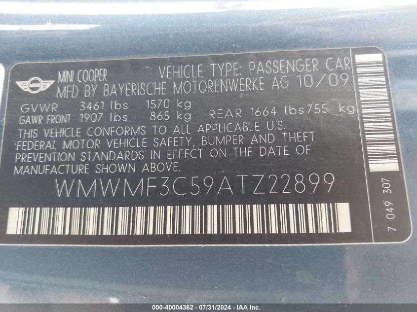 2010 Mini Cooper VIN: WMWMF3C59ATZ22899 Lot: 40004362
