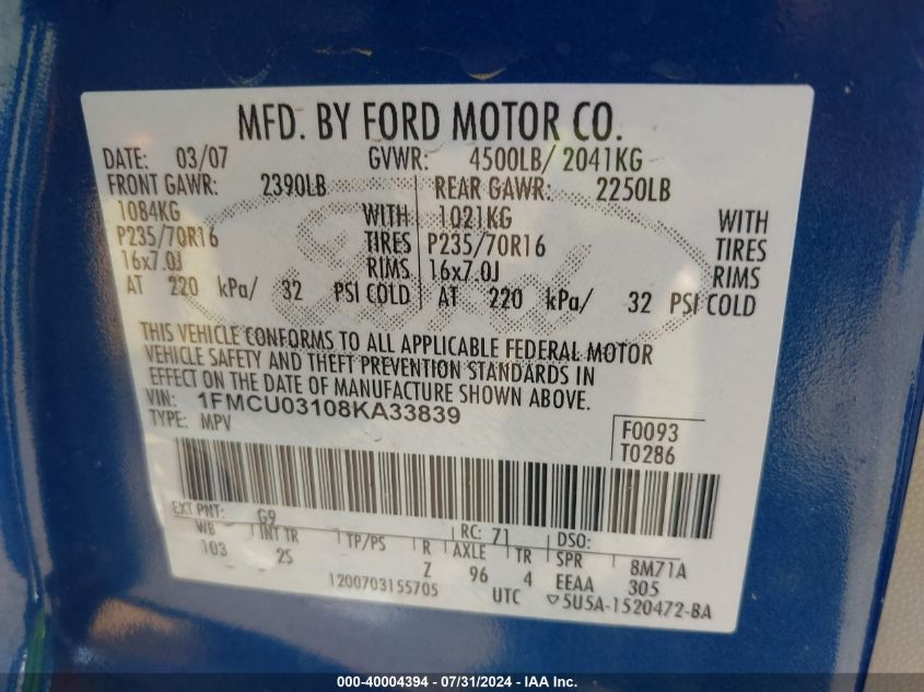 2008 Ford Escape Xlt VIN: 1FMCU03108KA33839 Lot: 40004394