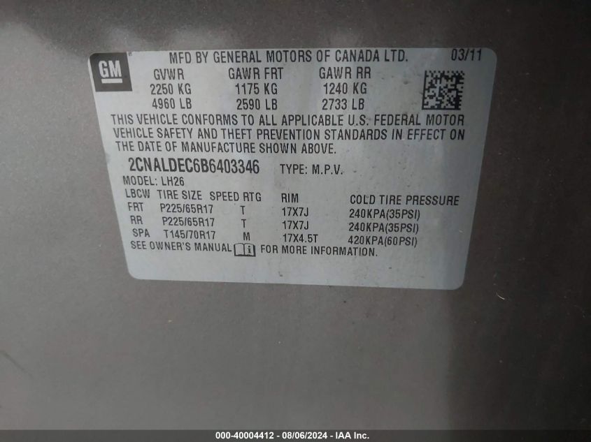 2011 Chevrolet Equinox 1Lt VIN: 2CNALDEC6B6403346 Lot: 40004412