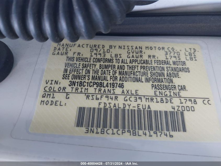 2011 Nissan Versa 1.8S VIN: 3N1BC1CP9BL419746 Lot: 40004428