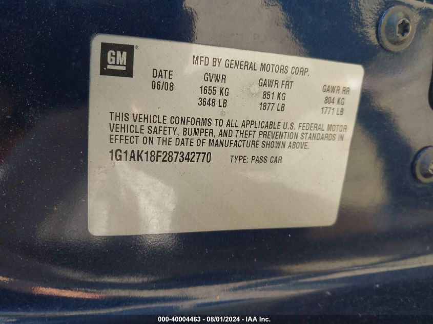 2008 Chevrolet Cobalt Ls VIN: 1G1AK18F287342770 Lot: 40004463