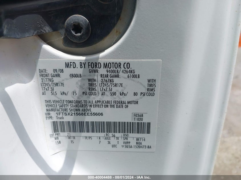 2008 Ford F-250 Fx4/Lariat/Xl/Xlt VIN: 1FTSX21568EE55606 Lot: 40004488