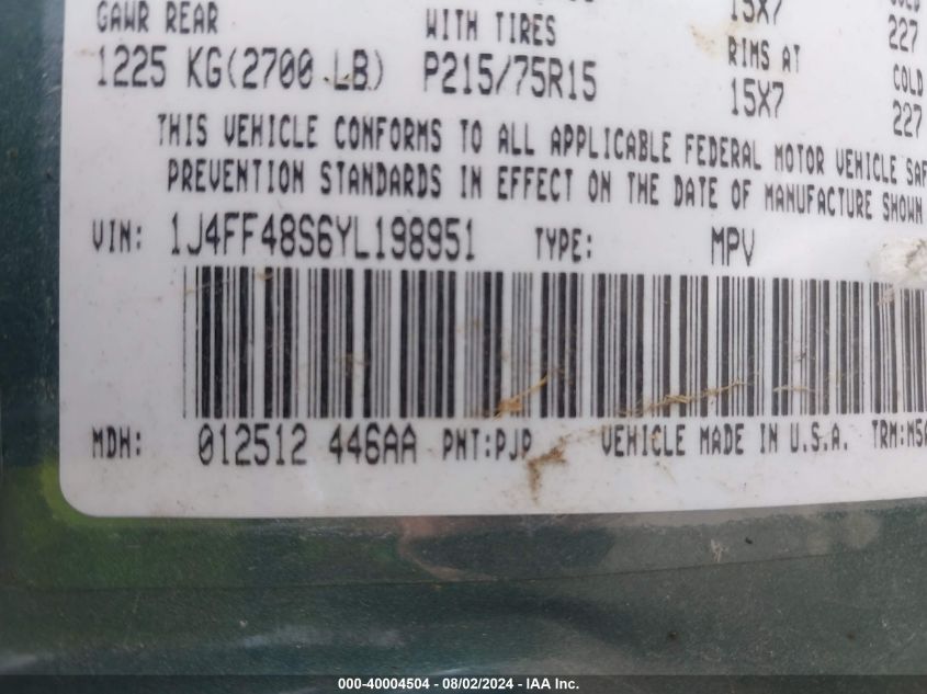 2000 Jeep Cherokee Sport VIN: 1J4FF48S6YL198951 Lot: 40004504