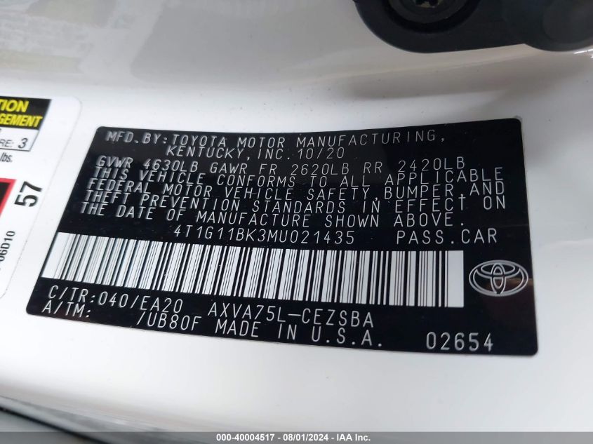 4T1G11BK3MU021435 2021 Toyota Camry Se Awd