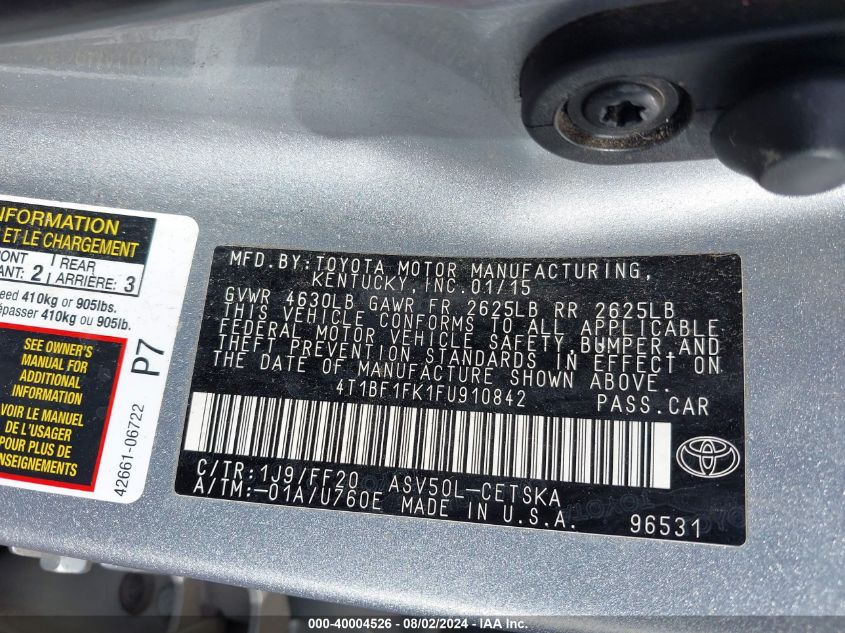 4T1BF1FK1FU910842 2015 Toyota Camry Se