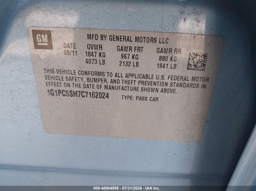 2012 Chevrolet Cruze Ls VIN: 1G1PC5SH7C7162024 Lot: 40004559