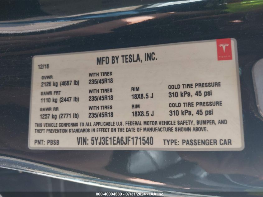 5YJ3E1EA6JF171540 2018 Tesla Model 3 Long Range/Mid Range