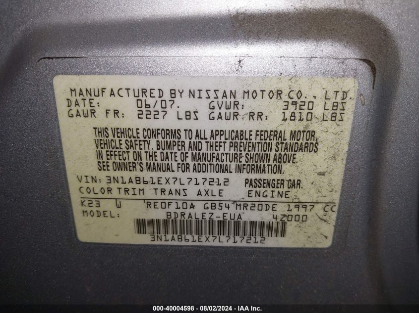 2007 Nissan Sentra 2.0S VIN: 3N1AB61EX7L717212 Lot: 40004598