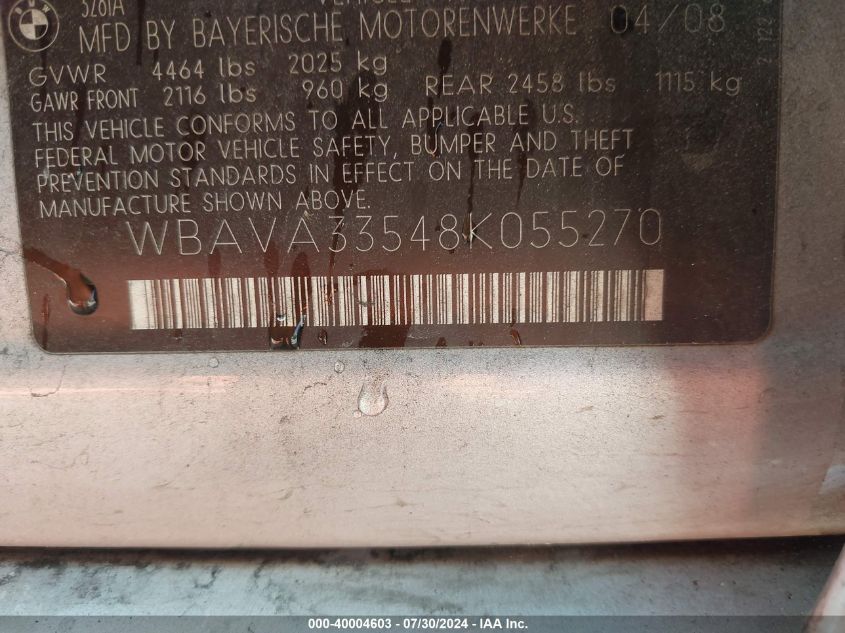 2008 BMW 328I VIN: WBAVA33548K055270 Lot: 40004603