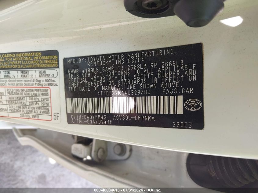 2004 Toyota Camry Le VIN: 4T1BE32K14U329780 Lot: 40004613