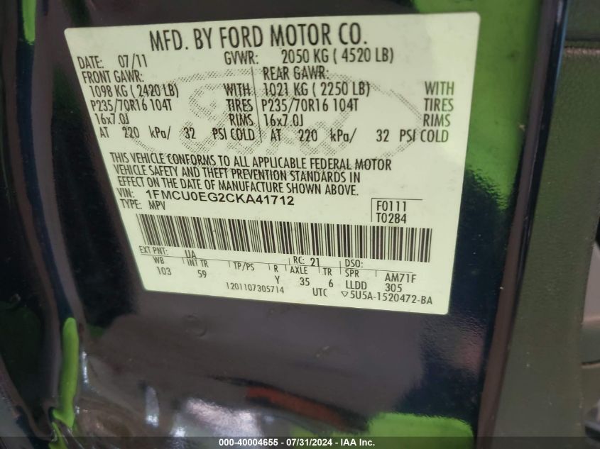 2012 Ford Escape Limited VIN: 1FMCU0EG2CKA41712 Lot: 40004655