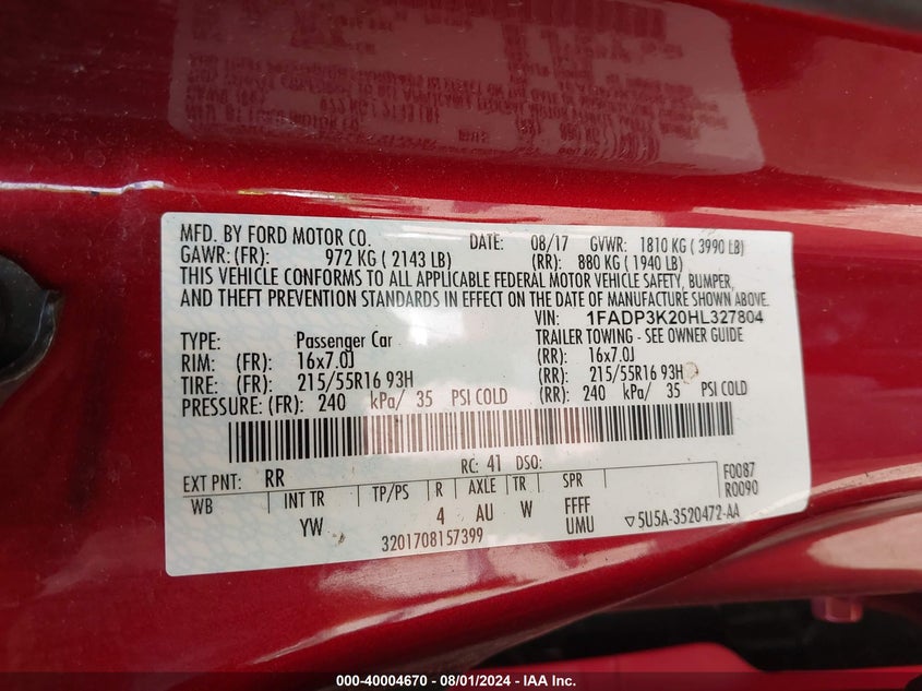 VIN 1FADP3K20HL327804 2017 FORD FOCUS SE