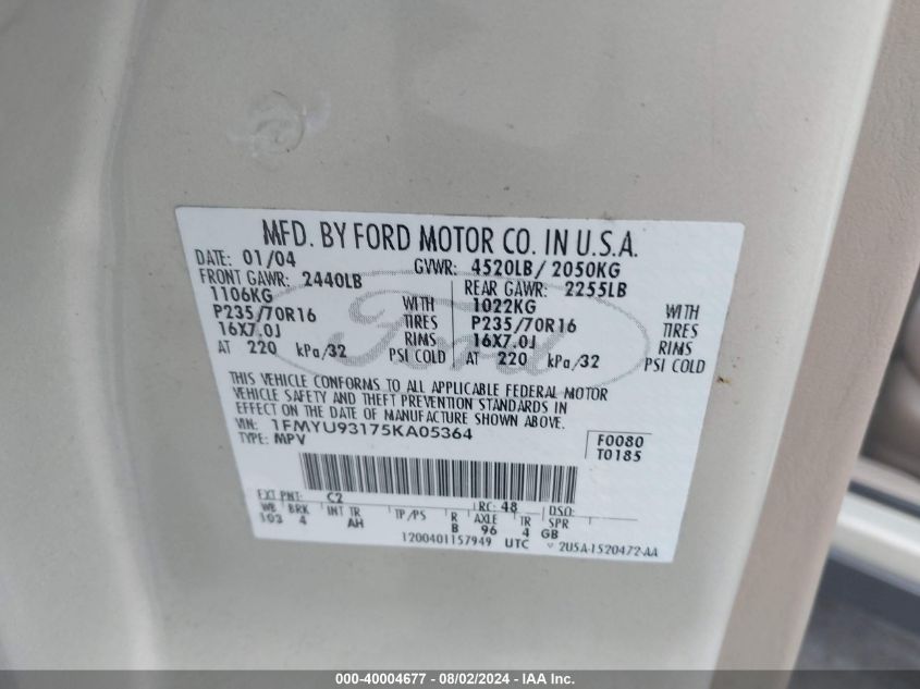 2005 Ford Escape Xlt VIN: 1FMYU93175KA05364 Lot: 40004677