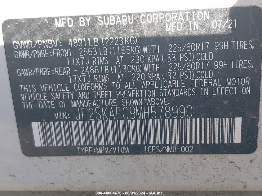 2021 Subaru Forester Premium VIN: JF2SKAFC9MH578990 Lot: 40004678