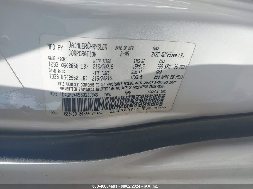 1D4GP24R55B316846 2005 Dodge Grand Caravan Se