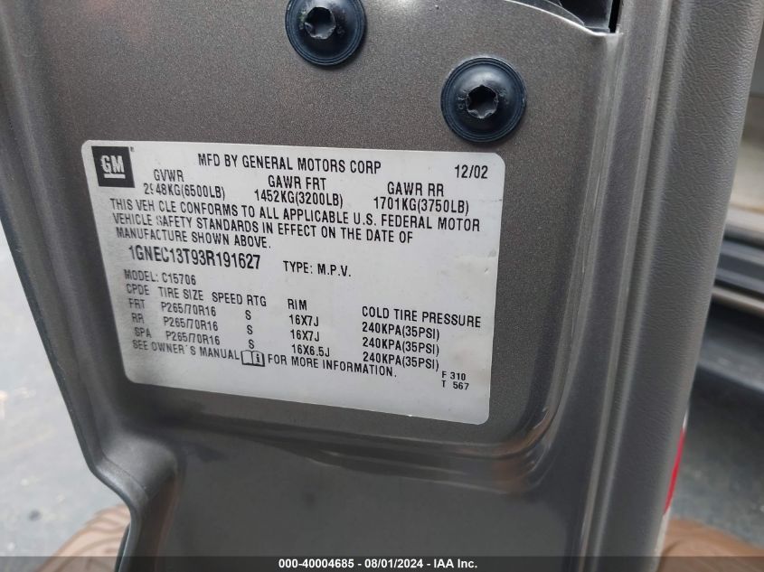 2003 Chevrolet Tahoe Lt VIN: 1GNEC13T93R191627 Lot: 40004685