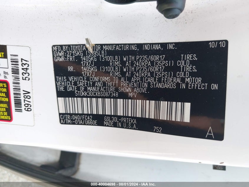 2011 Toyota Sienna Le V6 VIN: 5TDKK3DCXBS087348 Lot: 40004698