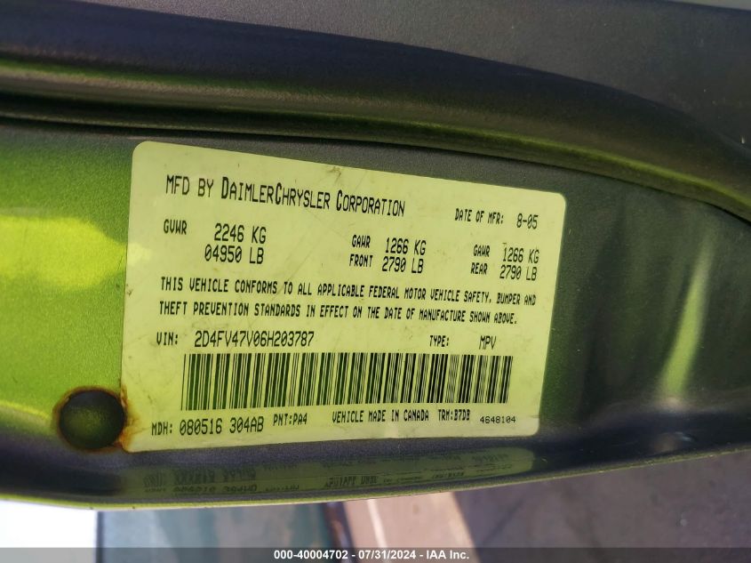 2006 Dodge Magnum VIN: 2D4FV47V06H203787 Lot: 40004702
