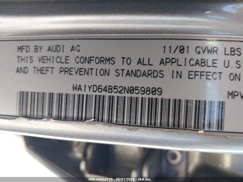 2002 Audi Allroad 2.7L (A5)/2.7L (M6) VIN: WA1YD64B52N059809 Lot: 40004709