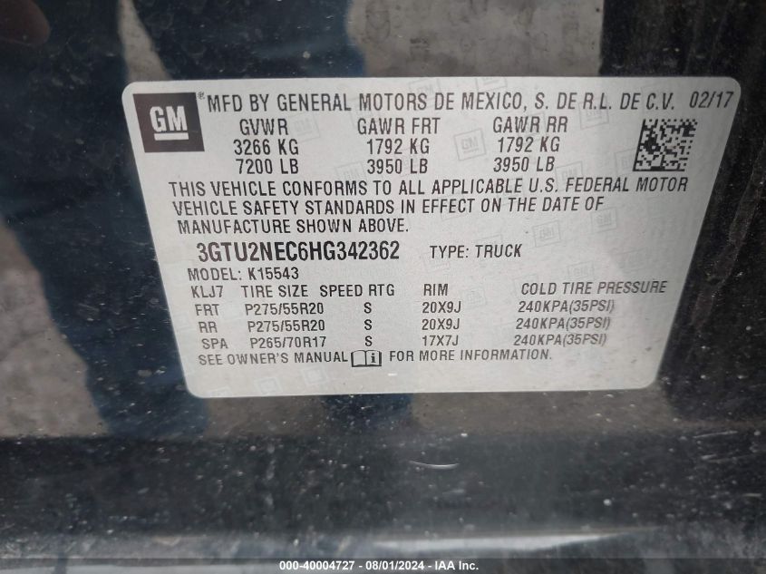 2017 GMC Sierra 1500 Slt VIN: 3GTU2NEC6HG342362 Lot: 40004727